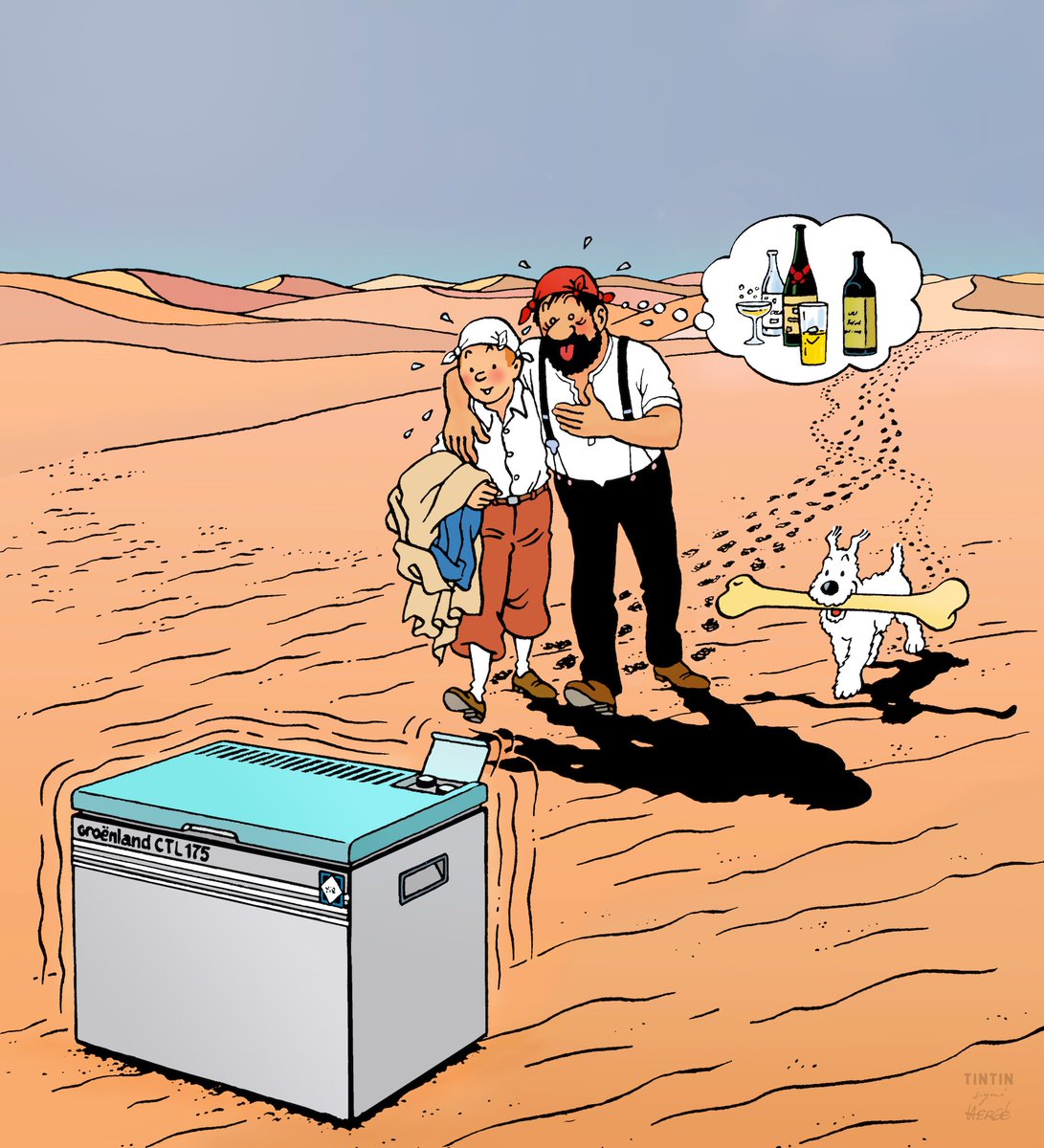 1979 ☀ IL FAIT CHAUD ! IL FAIT SOIF !…🍺
Dessin réalisé pour une publicité. #TINTIN #HERGÉ #canicule