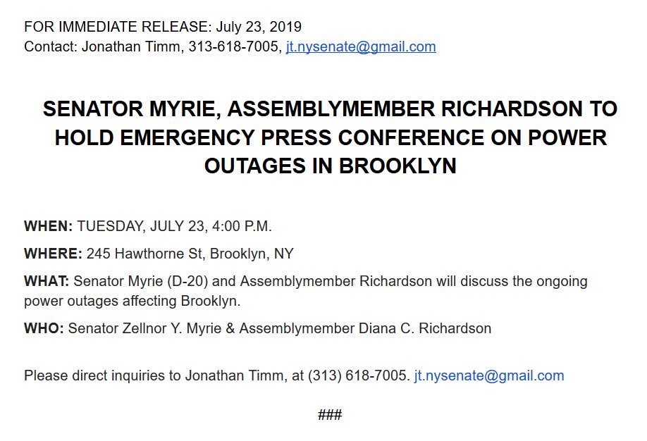 SenatorMyrie's tweet photo. ⚠️ MEDIA ADVISORY: Assemblywoman @Vote_Richardson and I will be holding an emergency press conference at 4PM today to address the power outages in our districts.
245 Hawthorne St, Brooklyn NY
Contact: Jonathan Timm, (313) 618-7005. Jt.nysenate@gmail.com
#SD20 #43rdAD #Advisory https://t.co/v880RgLtaP