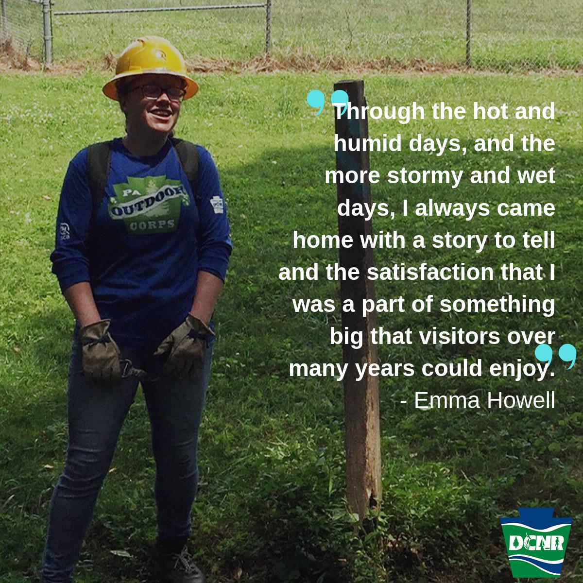 DCNRnews's tweet image. Meet Emma Howell. In her third year of service with the #PAOutdoorCorps York summer youth crew, Emma is learning even more about the outdoors. She has also found strong bonds with her crewmates every year, something for which she is grateful. #PASummerInterns #InternsofPA2019
