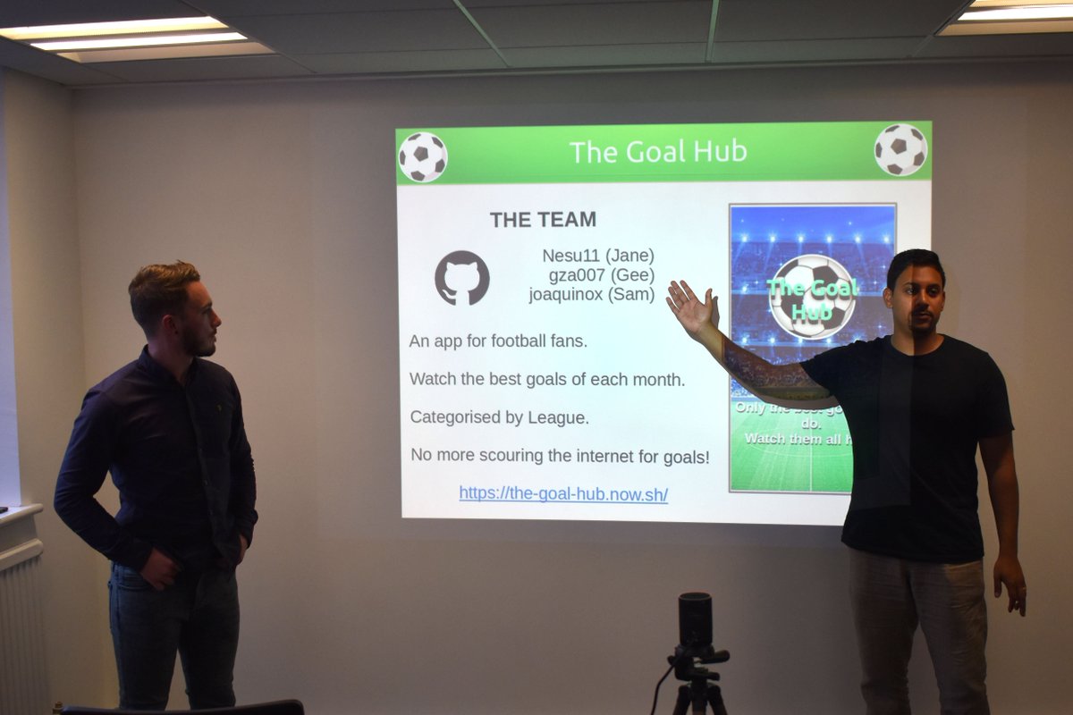7ZZcoffee's tweet photo. The final project of the evening with Gee, Sam and Jane
With their brilliant web application, ‘The Goal Hub’ for football super-fans! ⚽
This allows you to record & rate the best goals of the week across different leagues and divisions. #football #coding #manchestercoders https://t.co/gdUuHY5CIZ