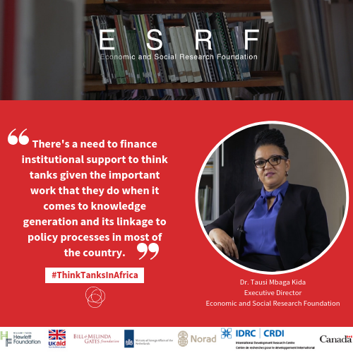 .#ThinkTanksInAfrica: 'There's a need to finance institutional support to #thinktanks given the important work that they do when it comes to #knowledge generation and its linkage to #policy processes in most of the country'. Learn more from @ESRFTZ: bit.ly/2YbwWYt