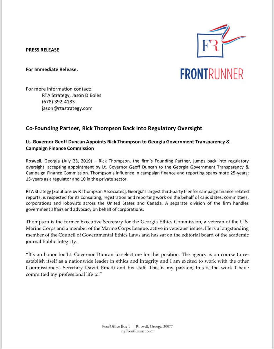 Congratulations to our Co-Founder, Rick Thompson! Continuing to be a leader in campaign finance. Thank you, <a href="/GeoffDuncanGA/">Geoff Duncan</a> for the gracious appointment. #LeadingGeorgia #CampaignFinance #GAPOL