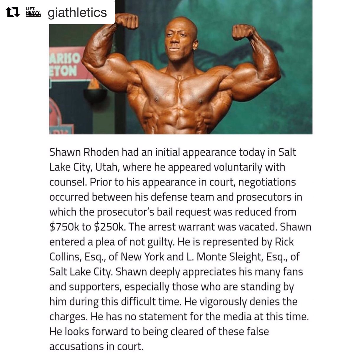 EGOBuilt's tweet photo. 🚨SHAWN RHODEN🚨 
enters NOT GUILTY plea. .
#weLOVEshawn #bodybuildingnews
#arnoldsports #ArnoldSchwarzenegger #KaiGreene #PhilHeath #BranchWarren #DennisWolf #JayCutler #LouFerrigno #BenPakulski #RonnieColeman #RoellyWinklaar #LanaeJensen #Olympia2019 #ShawnRhoden https://t.co/chEdFYSpWy