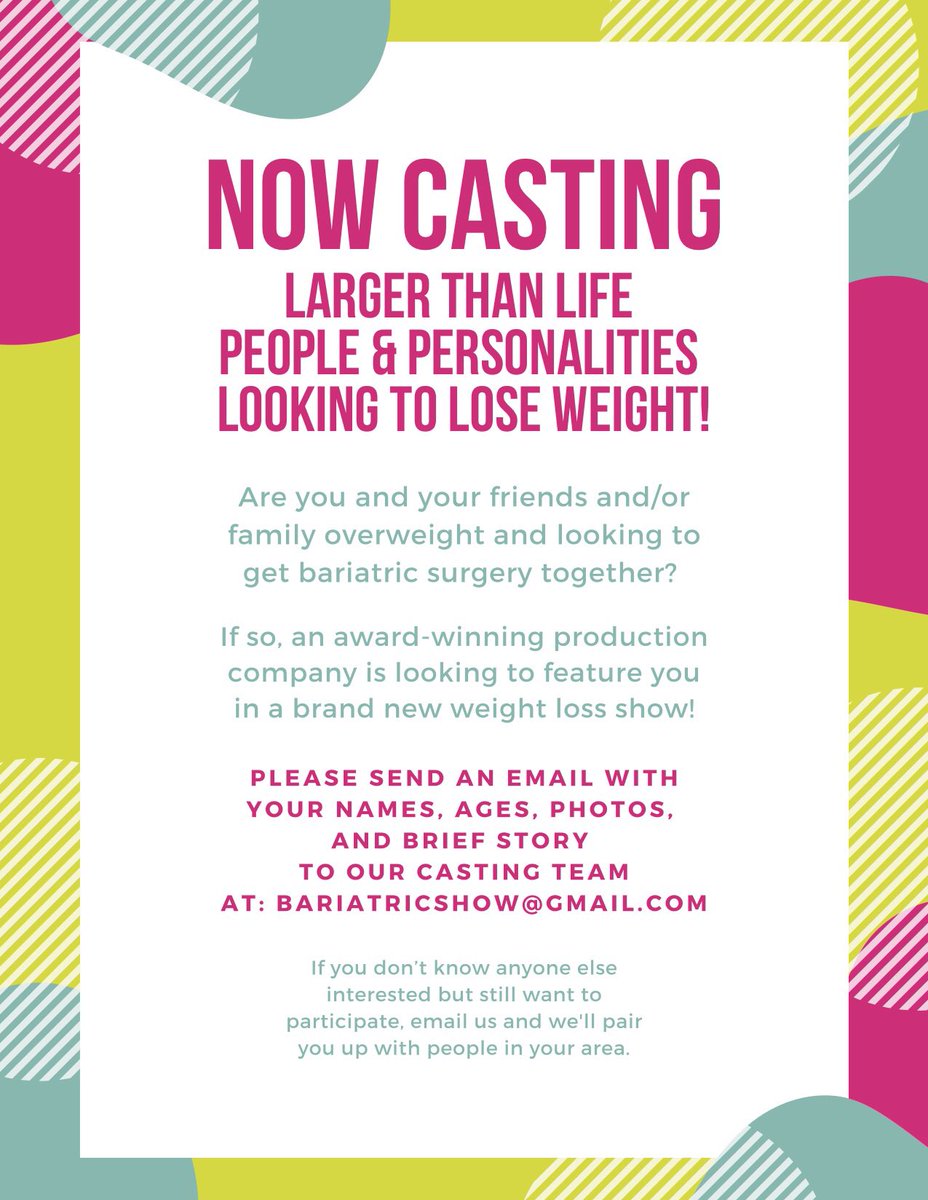 HWcastingteam's tweet photo. @skylerhurt is
NOW CASTING: Larger than Life People &amp; Personalities Looking to Lose Weight! 
#weightloss #weightlosspartner #bariatriccsurgery #bariatric #overweight #weightlossinspo #weightlossideas #gastricsleeve #weightlosssurgery #gastricbypass #lapband #lapbandsurgery https://t.co/G7ByG4DK4S