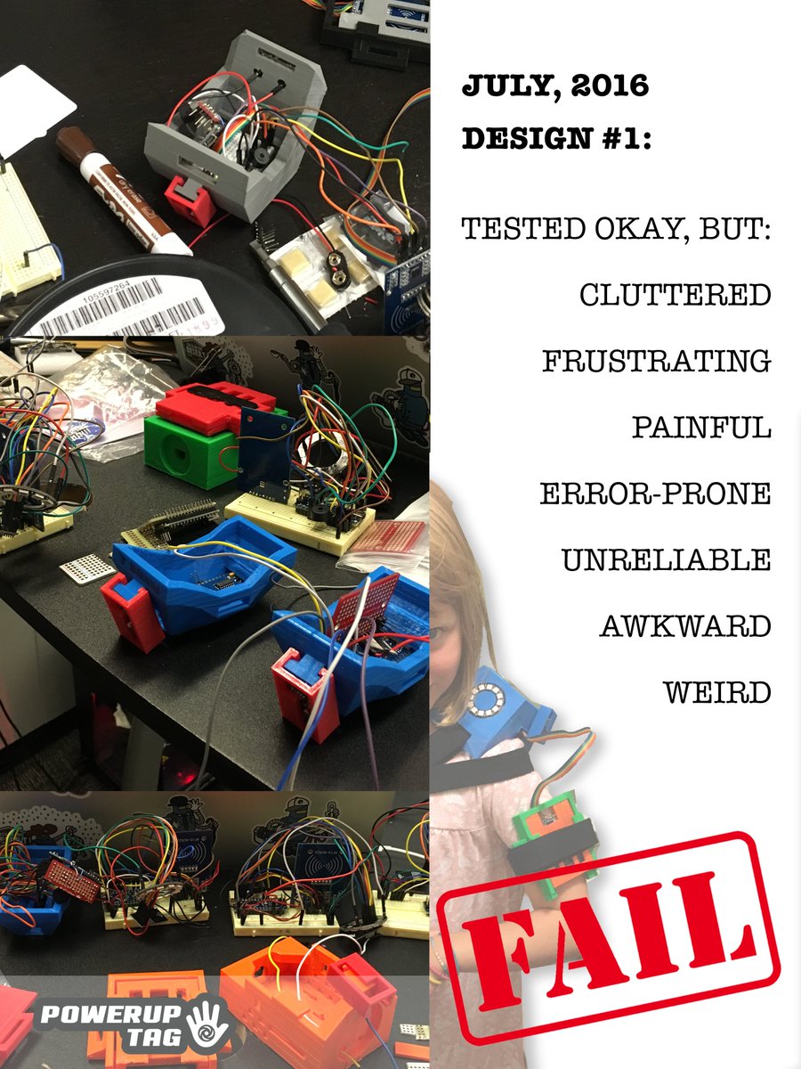 PowerupTag's tweet photo. JULY 2016:

2016 was a sad summer for me. The device worked. 

But only just.

Printing it took the better part of a week. 

Assembling it took another week.

I let the soldering burns on my hands heal and went back to the drawing board. https://t.co/x95IQasK3u