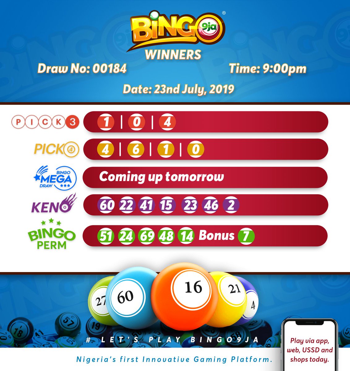 Bingo_9ja's tweet photo. Pick 3 Winnings update 💢
Any Combo: 15k
Straight: 50k
Flush: 100k
Pick 4 Alert: Match any 3 numbers on Pick 4 and win 2k.

Goodluck from Bingo9ja ... #Bingo9ja #winner #bingo9jaishere
#tgifinstagainz https://t.co/FDi4oFP8vH