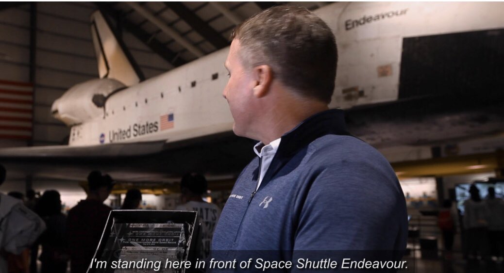 Untitled_inc's tweet photo. Astronaut Terry Virts accepts his trophy for the record breaking flight “One More Orbit” at the California space center I front of the space shuttle Endeavor!! Congrats to Terry and all the members of OMO! https://t.co/bmk5dRXLhz