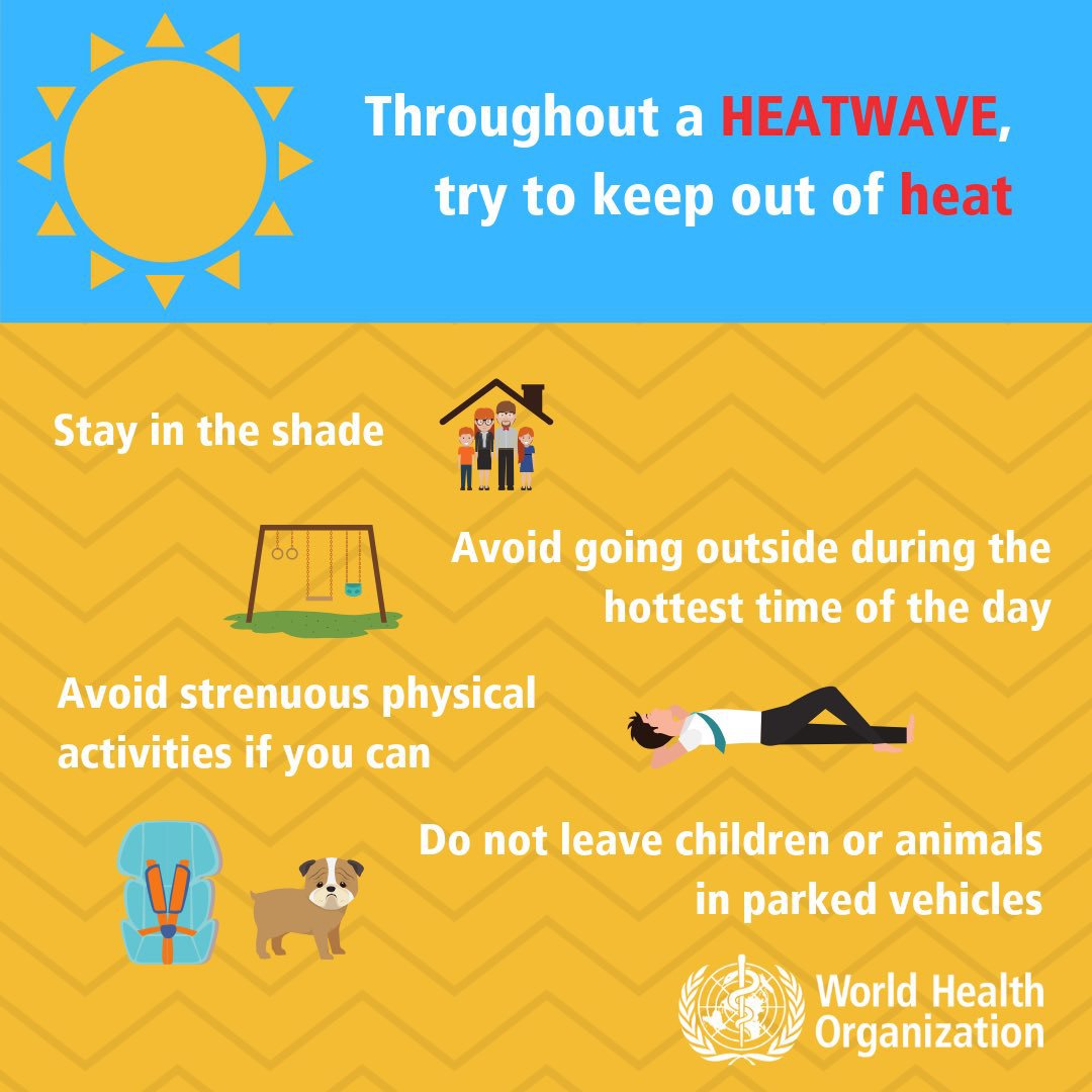 UN's tweet photo. Simple steps can help you beat the heat when temperatures are on the rise:
➡️ Stay in the shade
➡️ Remain indoors during hottest times of the day
➡️ Drink plenty of water
➡️ Avoid strenuous activities

@WHO has more tips: https://t.co/1oyLAi2MO9 https://t.co/4Tay3phzeN