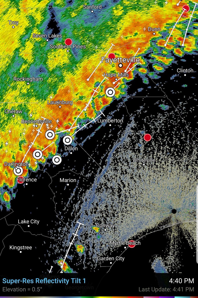 realdwaynet's tweet photo. .@bladenonline Storms should be entering Bladen County within the next 30 mins. Gonna be a messy commute. The white circles to our west is radar indicated hail. #ncwx #ilmskywarn https://t.co/wdBPnHkp7X