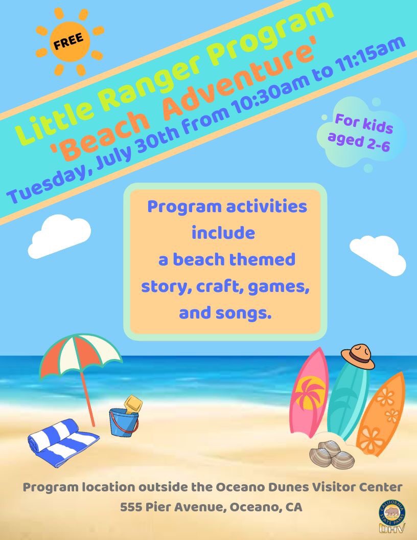 ODSVRA_PSB's tweet photo. The #LittleRanger Program is for kids ages 2-6 years old! Join us on 7/30 for a beach themed adventure! #OceanoDunesSVRA #PismoStateBeach https://t.co/oqLVtySDd3