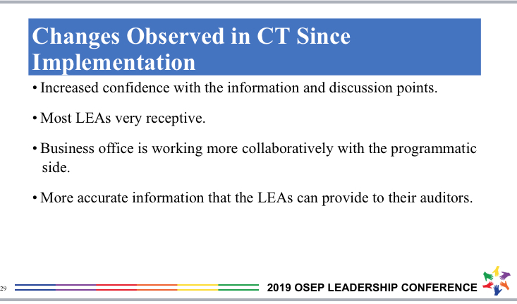 CIFR_IDEA's tweet photo. Today at #OSEPLC19: Tom Boudreau, CT Bureau of Special Ed., on CIFR’s LEA MOE Calculator: “We’ve observed an increase in LEA confidence with discussing MOE. I now have LEAs asking me about MOE months in advance. ‘How is this going to impact? What is this going to look like?’” https://t.co/QBblPx3Fyv