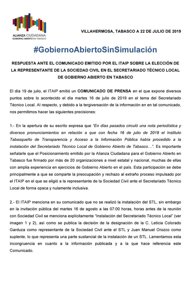 GobAbiertoTab's tweet photo. #Respuesta 

Compartimos la respuesta al #Comunicado publicado por el @itaiptabasco en relación a lo acontecido en la inadecuada conformación del Secretariado Técnico Local de Gobierno Abierto en Tabasco. Por ello le exigimos la restitución del proceso con pleno cumplimiento (..) https://t.co/SRROWV7Qmb