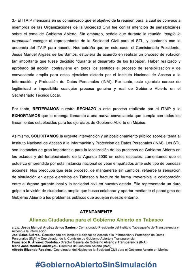 GobAbiertoTab's tweet photo. #Respuesta 

Compartimos la respuesta al #Comunicado publicado por el @itaiptabasco en relación a lo acontecido en la inadecuada conformación del Secretariado Técnico Local de Gobierno Abierto en Tabasco. Por ello le exigimos la restitución del proceso con pleno cumplimiento (..) https://t.co/SRROWV7Qmb