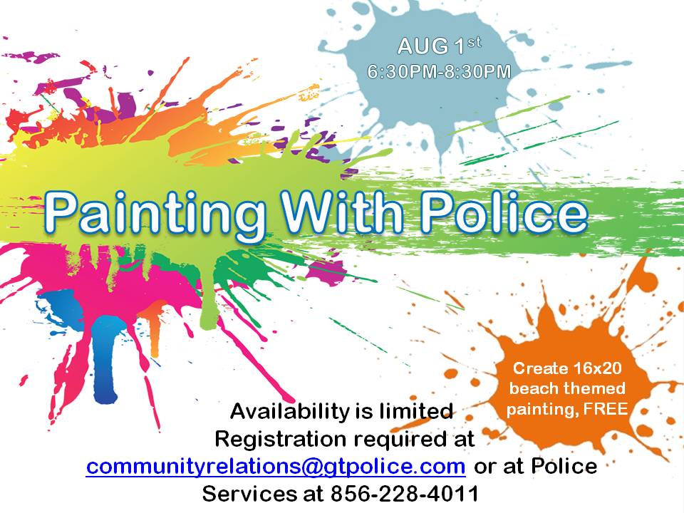 Join #GTPD for Painting With Police. Release your inner Picasso on Thursday, August 1st, 2019, from 6:30-8:30PM. For children ages 10-15. Canvases, paint, brushes, and light snacks/refreshments will be provided.  facebook.com/GloucesterTown…