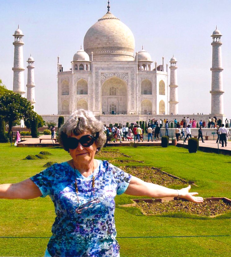 This is my absolute queen of a grandma in front of the Taj Mahal last month. She grew up during the depression on a little farm in Pennsylvania, now she has been to every continent but Antarctica. She’s never let anything stop her from anything 💙#GorgeousGrandmaDay