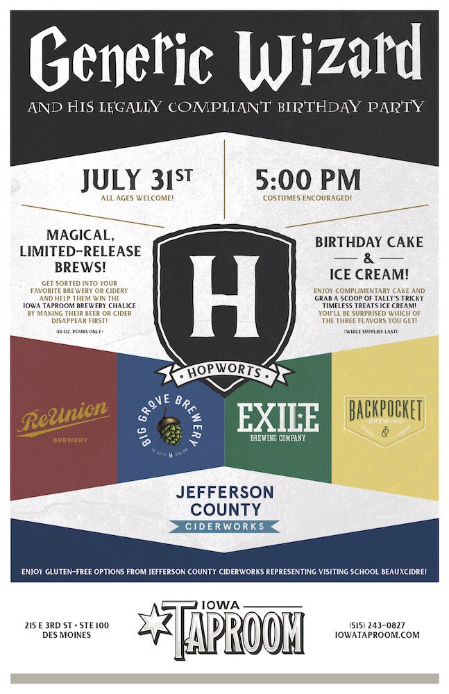 Our Generic Wizard birthday party returns next Wednesday, July 31! Grab your invisibility cloak and come join the celebration at 5 pm!