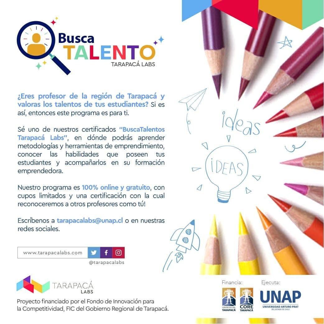 TarapacaLabs's tweet photo. Hoy lanzamos nuestro programa #BuscaTalento de Tarapacá Labs. Dirigido a profesores regionales para que incentiven a sus alumnos con metodologías y herramientas de emprendimiento. Escríbenos a tarapacalabs@unap.cl #TLabsEmprende https://t.co/EykMUz5Tpa