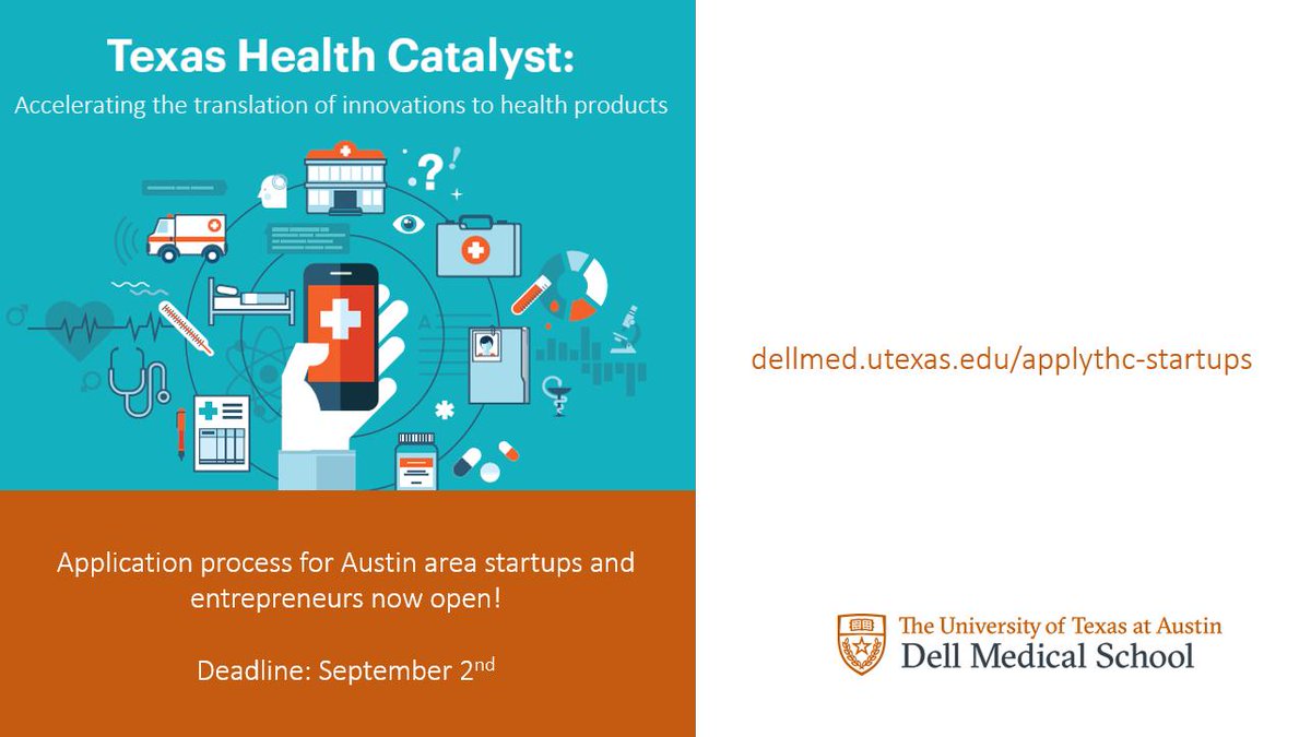 AusTXLifesci's tweet photo. Attn: Austin-area health/medtech/bio startups &amp; entrepreneurs. APPLY to the 2019 startup cycle of #TXHealthCatalyst @DellMedSchool - https://t.co/gI5HSLWels. Opportunity to engage with our clinicians and industry advisors + get consulting support to improve commercial viability. https://t.co/I9bhnneki8