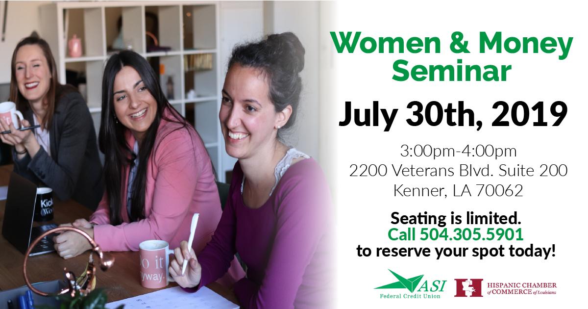 OnPathCU's tweet image. Women can face unique situations in life. Come to our seminar, Women and Money, and learn how to navigate life situations and create and manage wealth.  Presented in Spanish by ASI and the Hispanic Chamber of Commerce of Louisiana. #personalizedbanking #customizedforyou