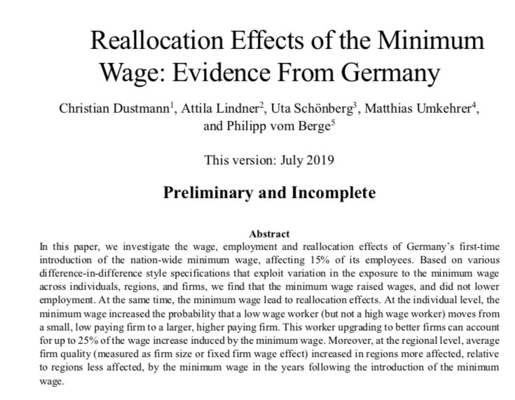 Compelling evidence presented at #NBERSI today by Attila Lindner & others shows how German national minimum wage raised wages, had no real employment effect overall - but led to substantial reallocation of workers from low-wage 'bad' firms to high-wage 'good' ones. 
1/.