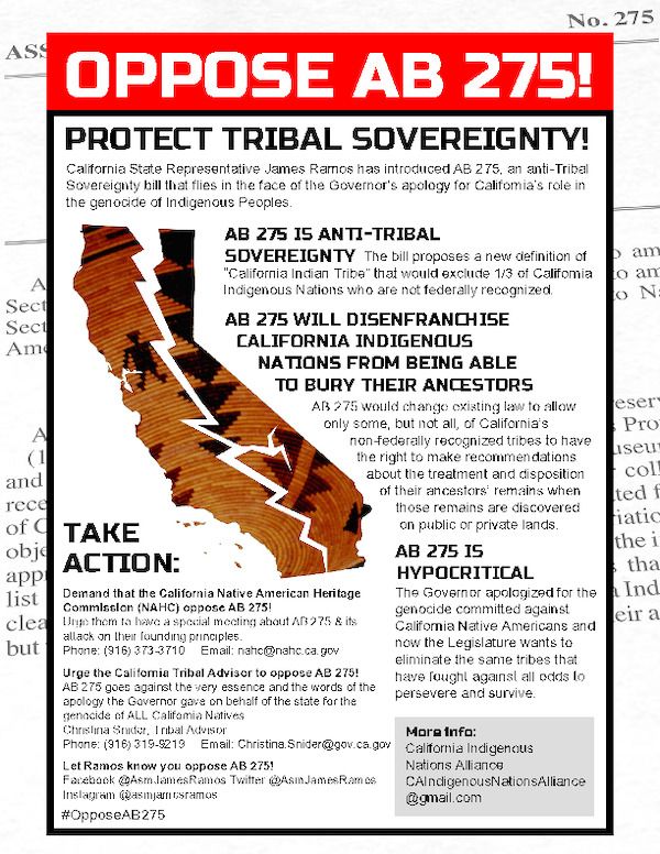 ChumashScience's tweet photo. CA Asm. James Ramos introduced AB 275: Cultural Preservation, which would allow only non-federally recognized tribes that have petitioned for federal recognition to re-bury the remains of their ancestors found on public or private property. https://t.co/7bktHrPZZp https://t.co/QUKUUc5p3v