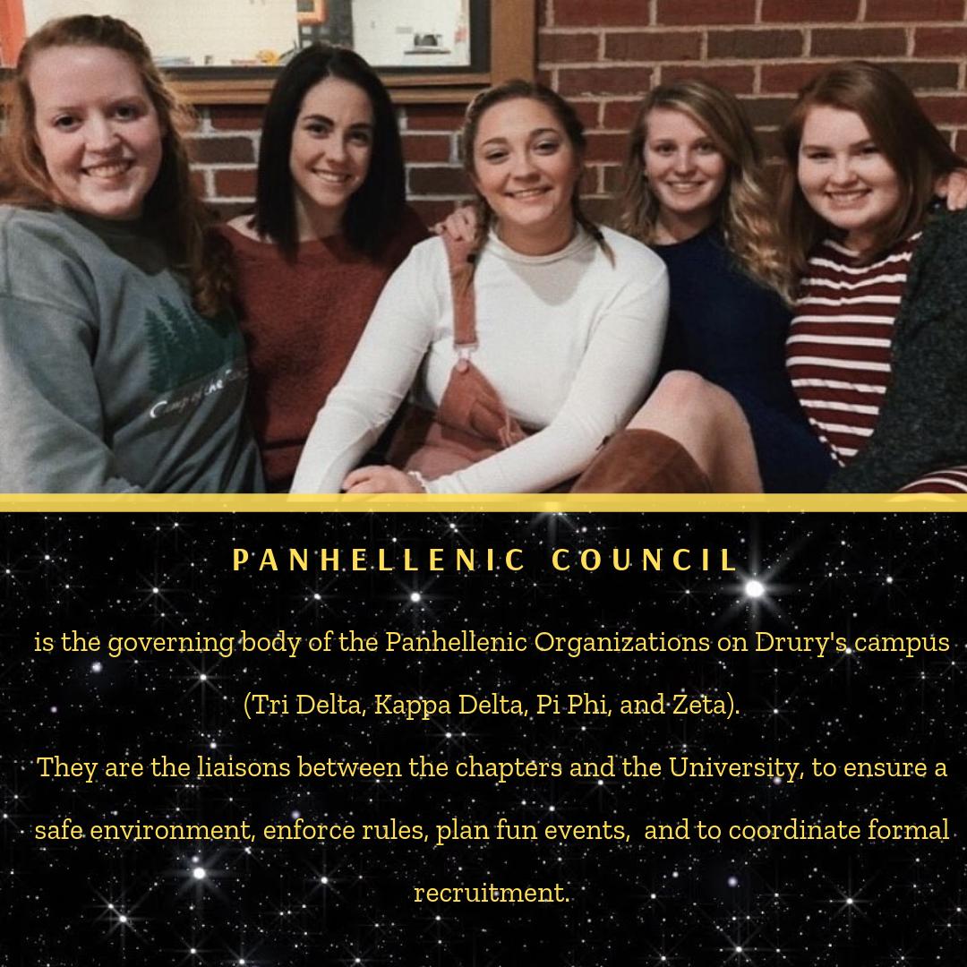 Now that we have met our Recruitment Counselors, it is time to learn what Panhellenic is!

Panhellenic is the organization that is hosting Formal Recruitment for all our Potential New Members. It is run by our Council and is the governing body over all four of our chapters.