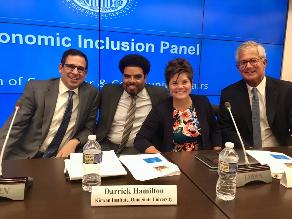 Reasons for hope. Solution driven panel on intersectional research methods, financial inclusion, the #racialwealthgap, and #genderwealthgap  
at the Fed today with @DarrickHamilton, Mike Morris, & yours truly. We even covered LGBT 🏳️‍🌈 wealth gaps and missing data. #econtwitter 🤓