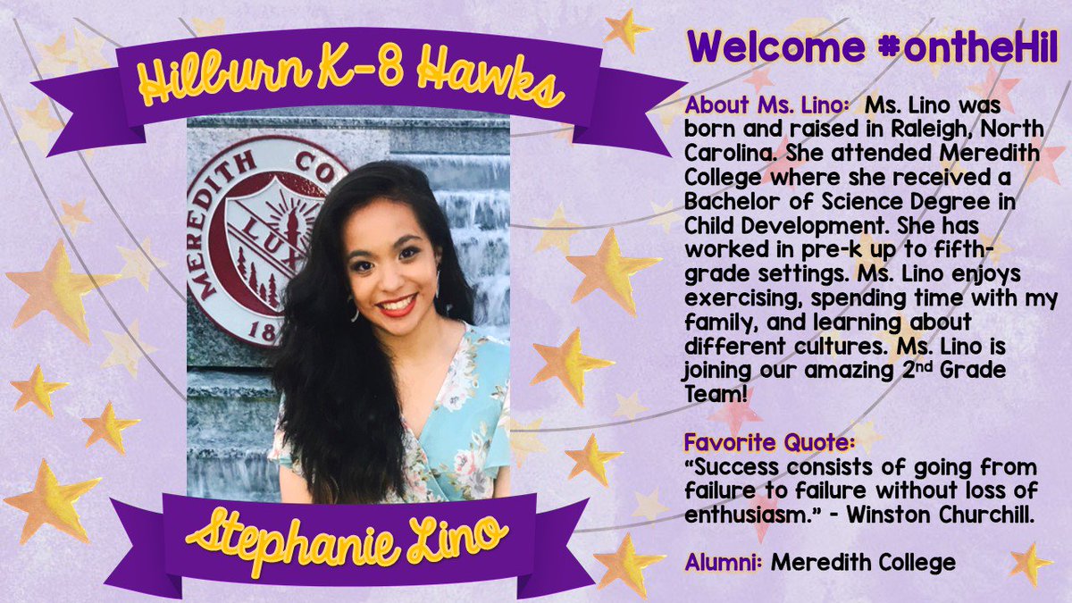 📣Today we are welcoming another amazing Hawk! Welcome, #ontheHil Ms. Lino @MsLino2nd !! We are so excited for an awesome year 🥳with you in 2nd! Join me in welcoming this former #WCPSSGrad and #RaleighNative to our nest!! 💛💜