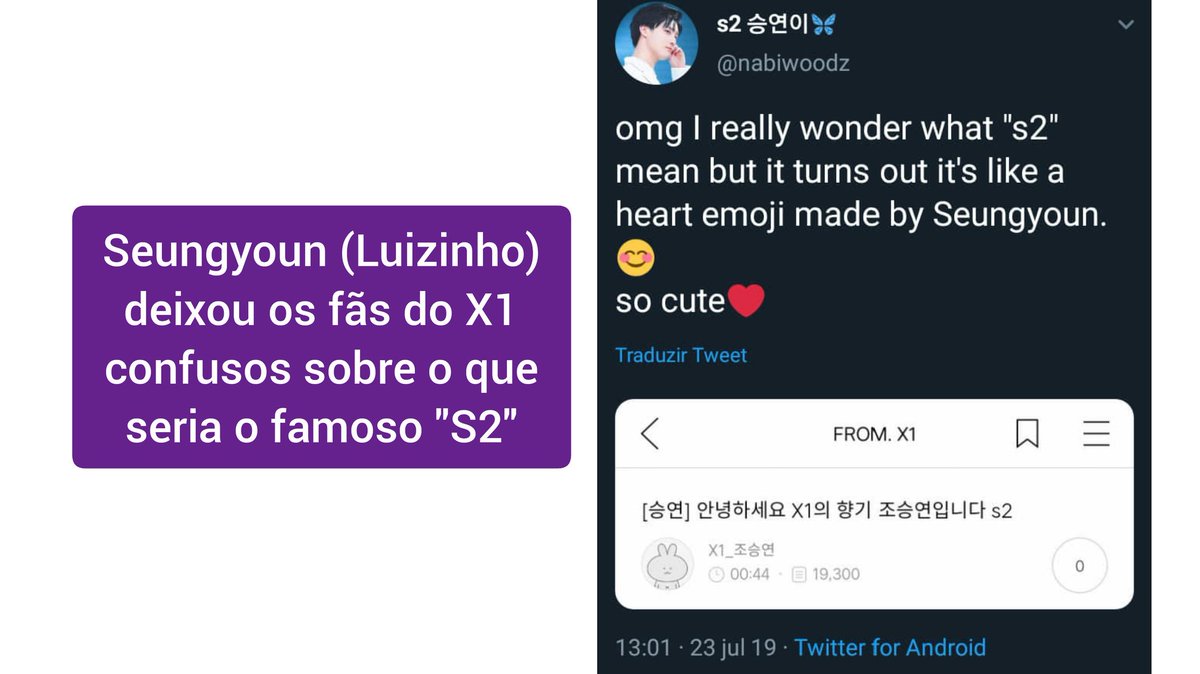revistakoreain's tweet photo. Seungyoun (Luizinho) enlouqueceu os fãs mundiais com um jeito especial de fazer ❤
.
Ele postou um s2 em uma mensagem no fórum do grupo X1 e ninguém entendeu do q se tratava. Acontece q o "s2" é parte da linguagem de ortkut/msn, utilizada principalmente no Brasil, nos anos 2000. https://t.co/53hADEHJHJ