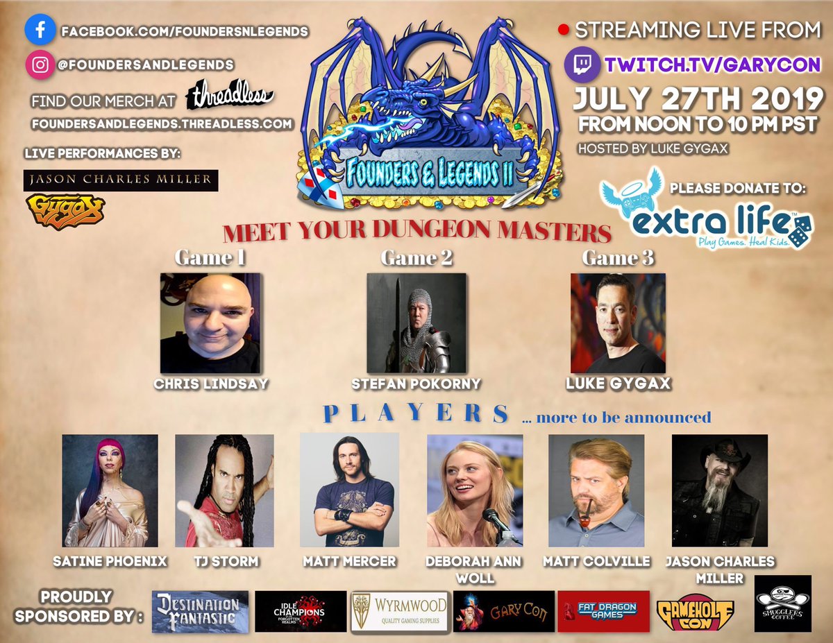 GaryCon's tweet photo. Watch Founders &amp; Legends Stream Saturday July 27th and celebrate D&amp;D on Gary Gygax Day! We are raising money for Extra Life to support Children’s Hospitals. https://t.co/SHF4kjwlgp