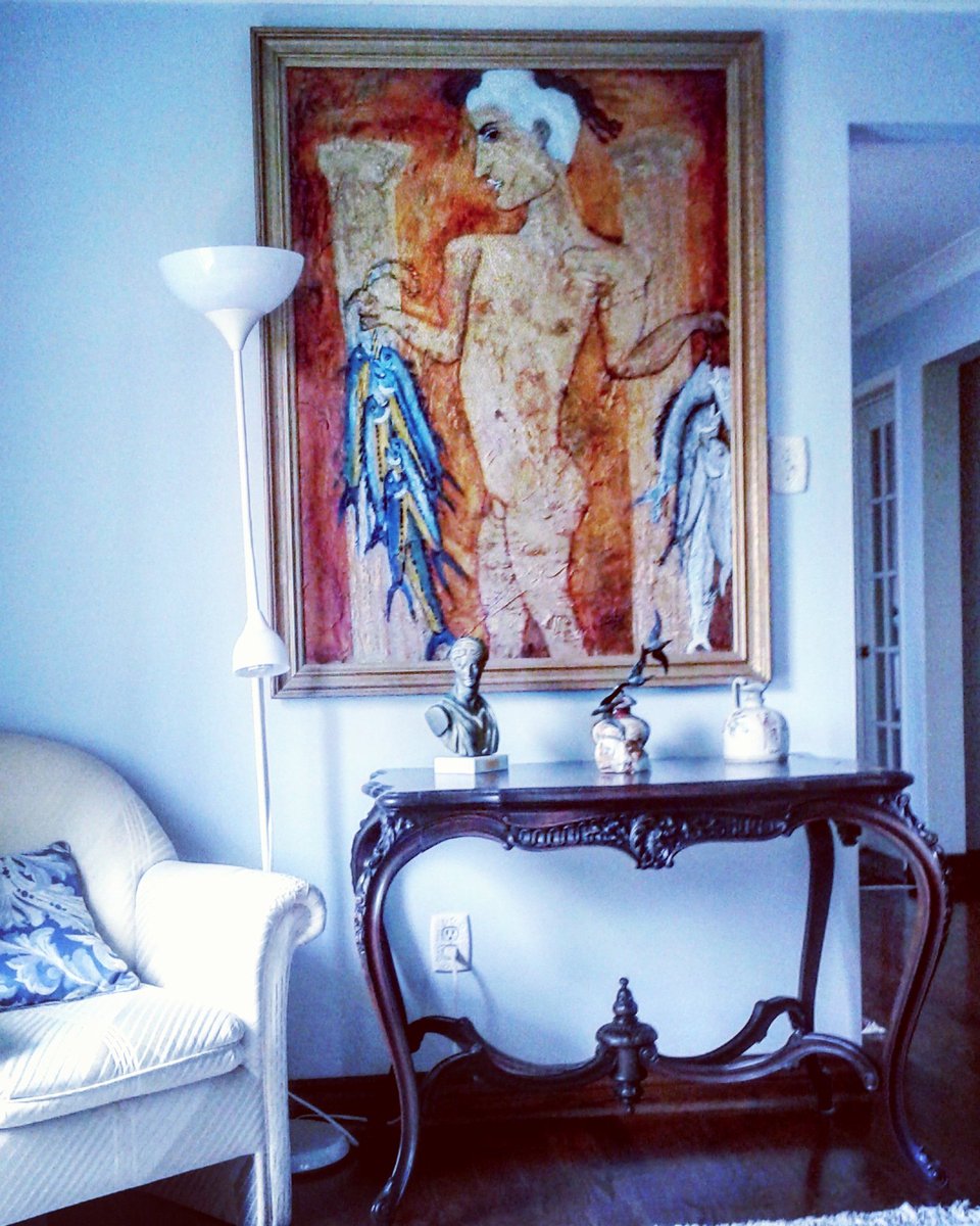 NickolasHadzis's tweet photo. #fineart #oilpainting #malenude #modernart #classicalart #european #frenchstyle #historical #pisces #greekmythology #antiquetable #retrostyle #classicalfurniture #modernlamp #whitehair #pillow #goldframe #interiordesign #blueroom https://t.co/SfhB00AEKZ