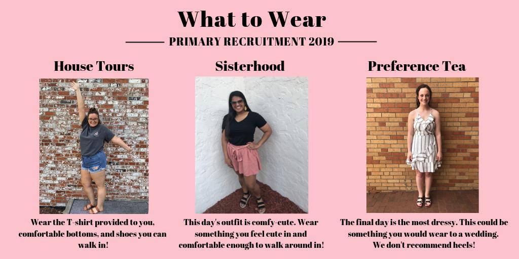 ESUPanhellenic's tweet photo. Wondering what to wear for Primary Recruitment? Here is a guide!! We are less than a month away 😍🎉 https://t.co/K7Rorm3q8c