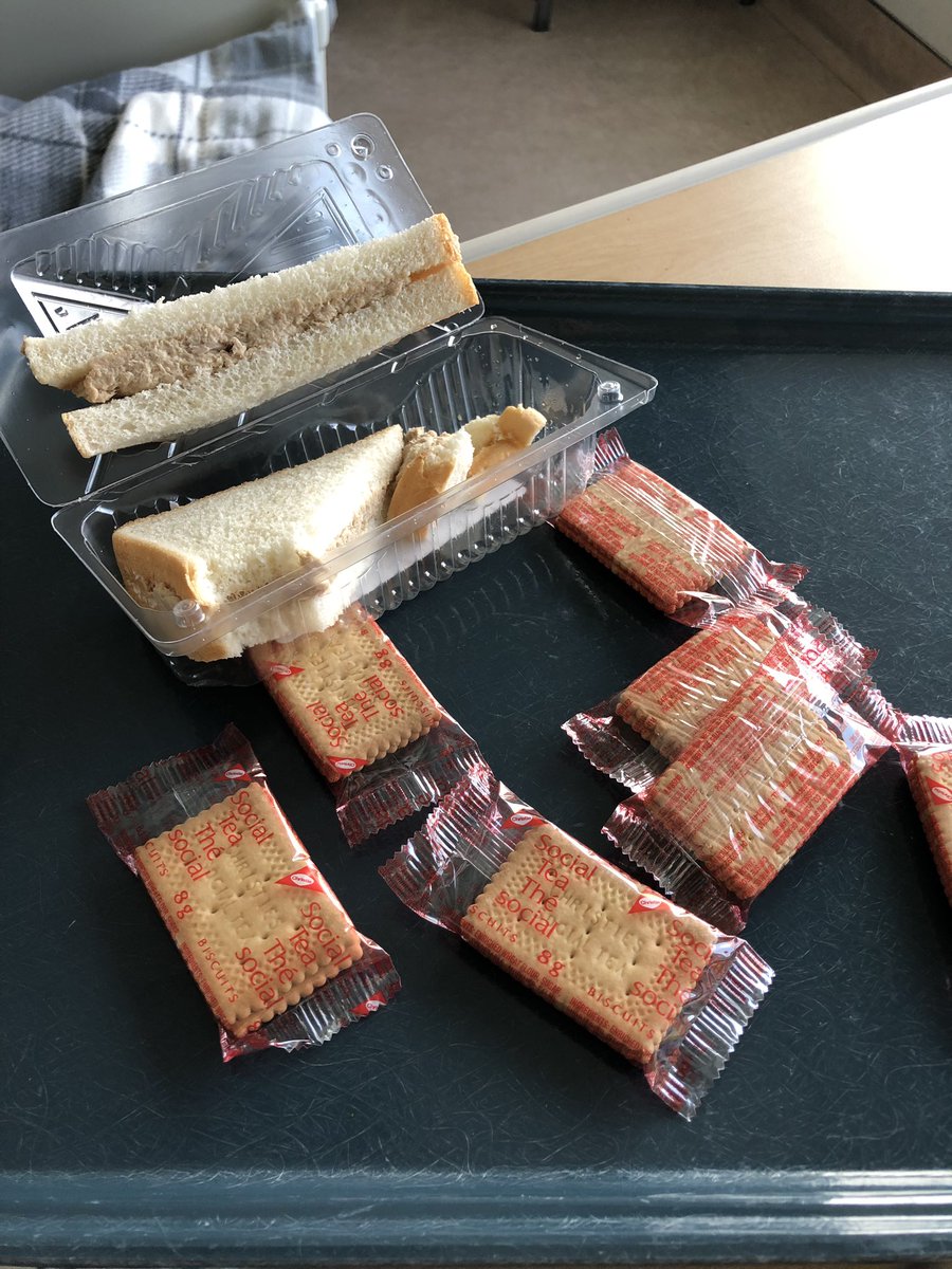 So this is dinner at London hospitals. It’s been 20h since I last ate and despite asking for food for more than 2h I’m told I “missed dinner”.Now I get a handful of cookies and a tuna sandwich from the stone age.Had to call family to bring food. C’mon London, you can do better.