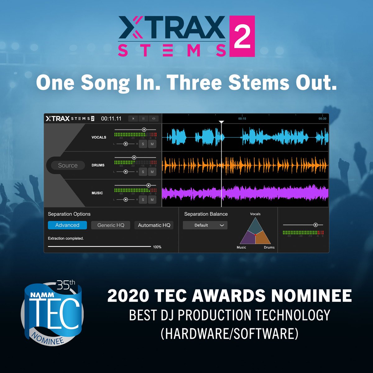 audionamix's tweet photo. XTRAX STEMS 2 has been nominated for the Best DJ Production Technology #TECAward in the Technical Achievement category!
Next stop: the 35th Annual NAMM #TECAwards at the 2020 #NAMMShow!
#NAMM2020
#NAMM
#TECAwards
#XTRAXSTEMS2
#Audionamix
#AudioAI
#Separate2Create https://t.co/VpddYgEYB2