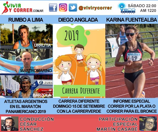 ViviryCorrer's tweet photo. El programa del 20 de julio a puro Maratón. Conversamos con el equipo argentino de maratonistas que viajan al panamericano de Lima 2019. @UrrutiaLujan @M_mastromarinoo y Miguel Barzola. La Carrera Diferente y una entrevista con Karina Fuentealba. https://t.co/M8nFtPzBRy https://t.co/qBPaFWJXA1