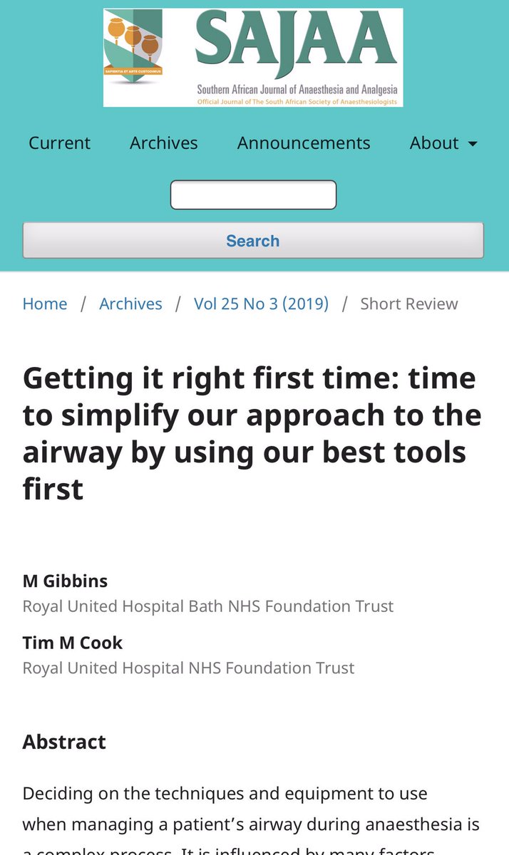 doctimcook's tweet photo. @BruceBiccard Getting-the-airway-right-first-time

Hope you’ll read this. Quite pleased about this article with Matt Gibbins discussing simplifying approach to airway management. 

In #SAJAA @BruceBiccard 

https://t.co/2FlEIyfmIA… https://t.co/s4Yb40Nwto