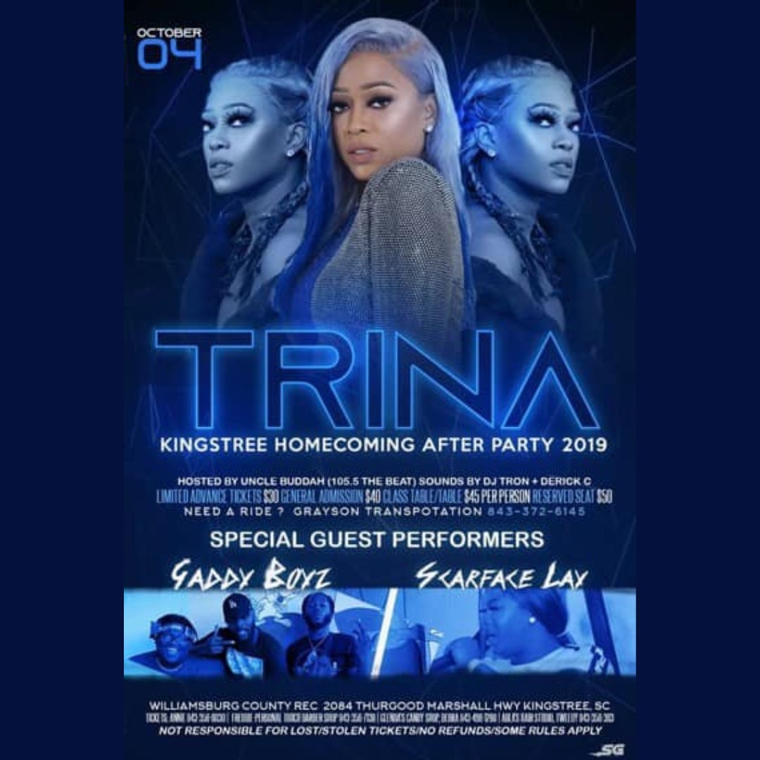 rich_nation_ent's tweet image. #PerformanceAlert

On Friday, October 4, #RichNationEntertainment recording artist #ScarfaceLay will be performing #live with #Trina and #GaddyBoys at the #KingstreeHomecomingAfterParty from 12 AM to 4 AM.

Tickets are from $30-$40 and are available at 

eventbrite.com/e/kingstree-ho…?
