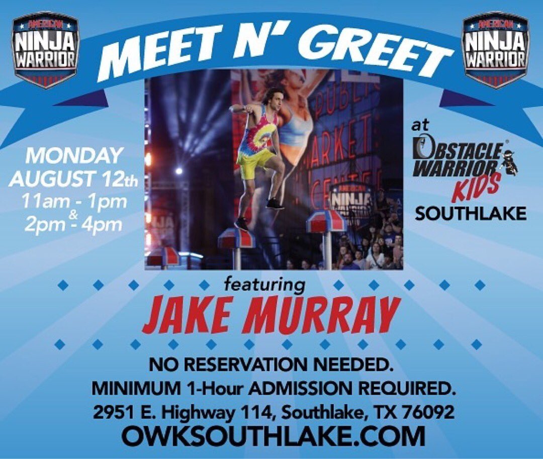 owk2014's tweet photo. BIG ANNOUNCEMENT 
American Ninja Warrior @amurraycan will be making an appearance at our Southlake location on Monday, August 12, 11am - 1pm &amp; again from 2pm - 4pm! No reservation necessary, however a minimum 1-hour admission is required. https://t.co/US9UlTYn72
