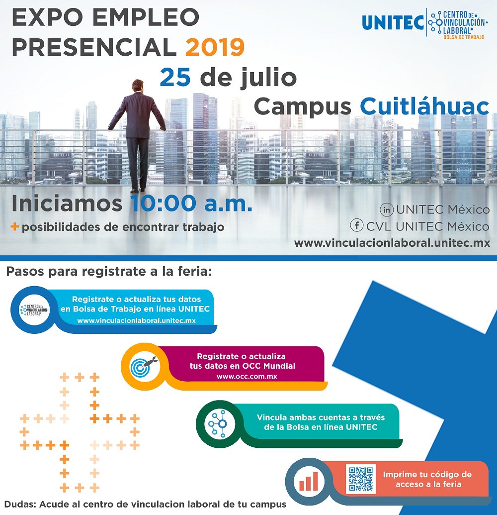¡Este 25 de julio te esperamos en la Expo Empleo que se realizará en #UNITECcuitláhuac!

Sigue los pasos que se indican para obtener tu acceso. ✅