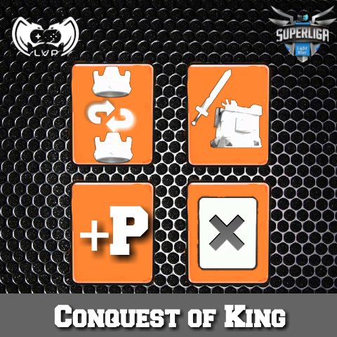 #NewGameMode

☆Conquest of King☆

Cada semana 1 jugador de cada equipo luchará en un torneo de 1 hora y el ganador del torneo podrá abrir el Cofre de la Conquista donde podría desbloquear una de estas cuatro cartas que le ayudarán en un partido!!