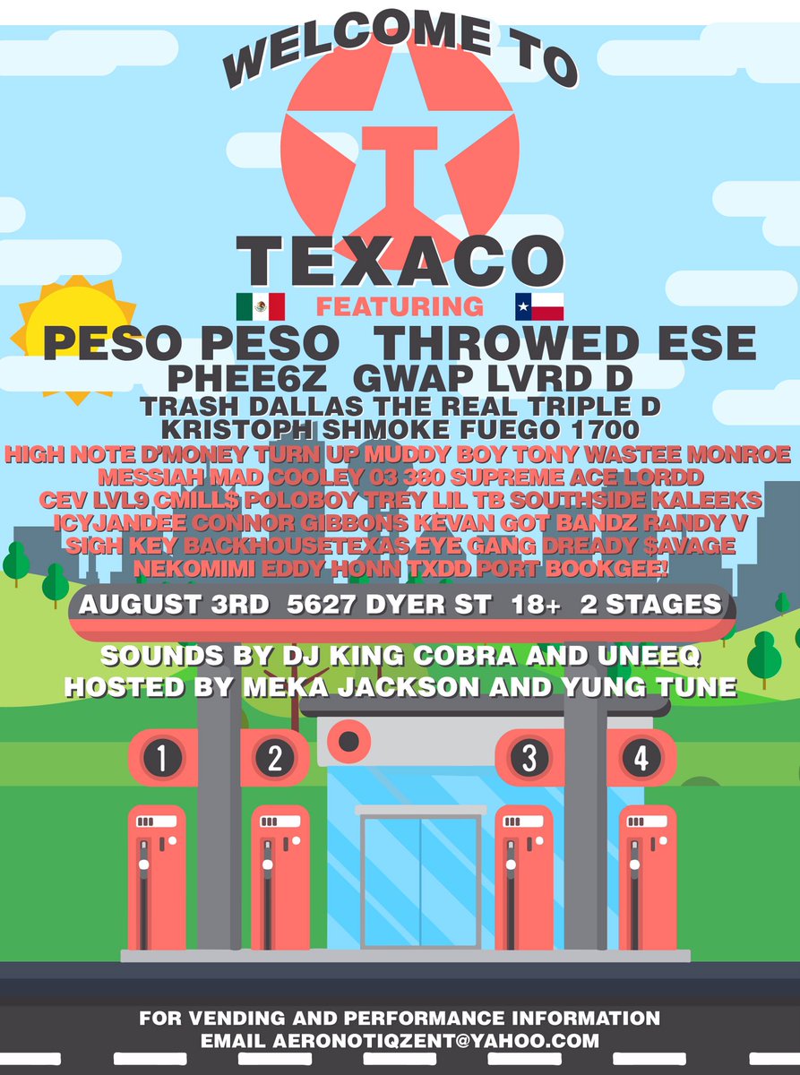 AeronotiqzInfo's tweet photo. NEXT SATURDAY in DALLAS, TX!
#WelcomeToTexaco ⛽️⛽️ Underground Festival!

2 Stages
Food
Art
Clothing
Video Games
&amp; more!

New acts include @ZaneGray__ @killakeey_ @wasteeymonroe @NEK0MlMl @EddyHonbeats @portFtD &amp; more!

Ages 18+
5627 Dyer st

Tickets ➡️ https://t.co/cg9EBwObGh https://t.co/cLMvU2a35q