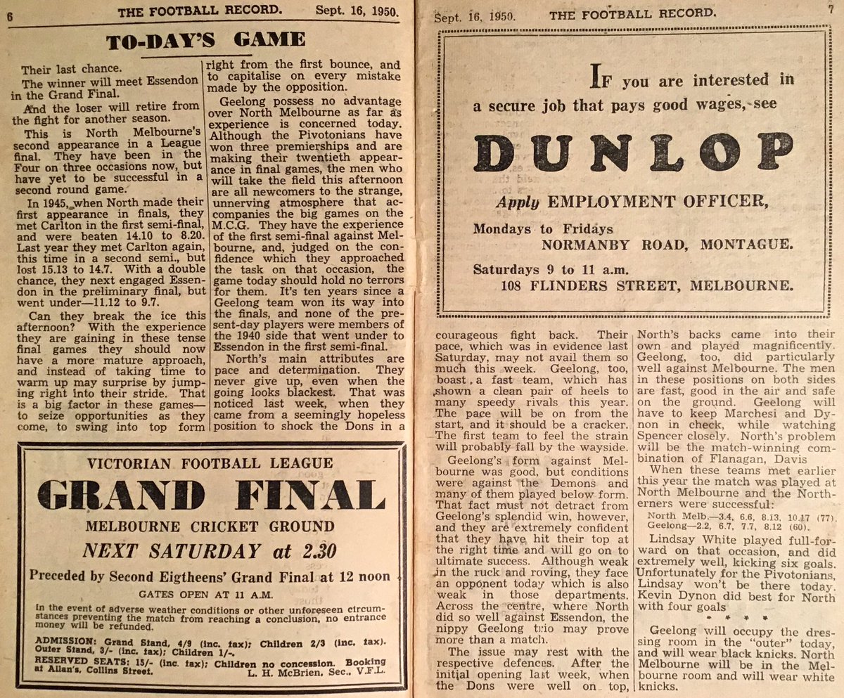 On Sep 16, 1950, Kangas “broke the ice” to win its first League final, over Geelong by 17 points in front of more than 73,000 at the MCG (booking a place in its first GF). Spencer kicked 5 goals, Marchesi &amp; Robb 3 each. This is the footy record preview of the game from that day.