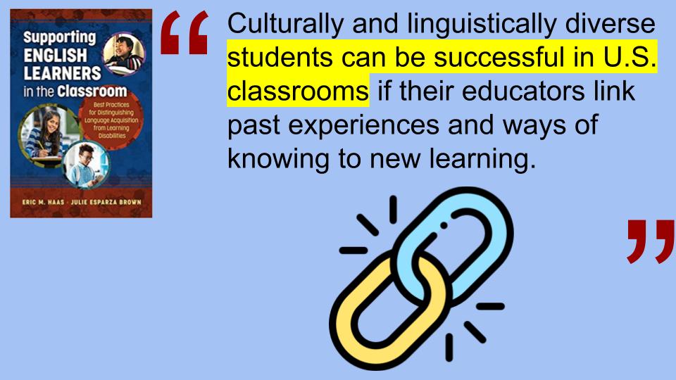 TanKHuynh's tweet photo. How can teachers help culturally and linguistically diverse students be successful? @docjebrown https://t.co/XULjJlUKIS   #ellchat_bkclub #esl https://t.co/4lEwPpkAeq