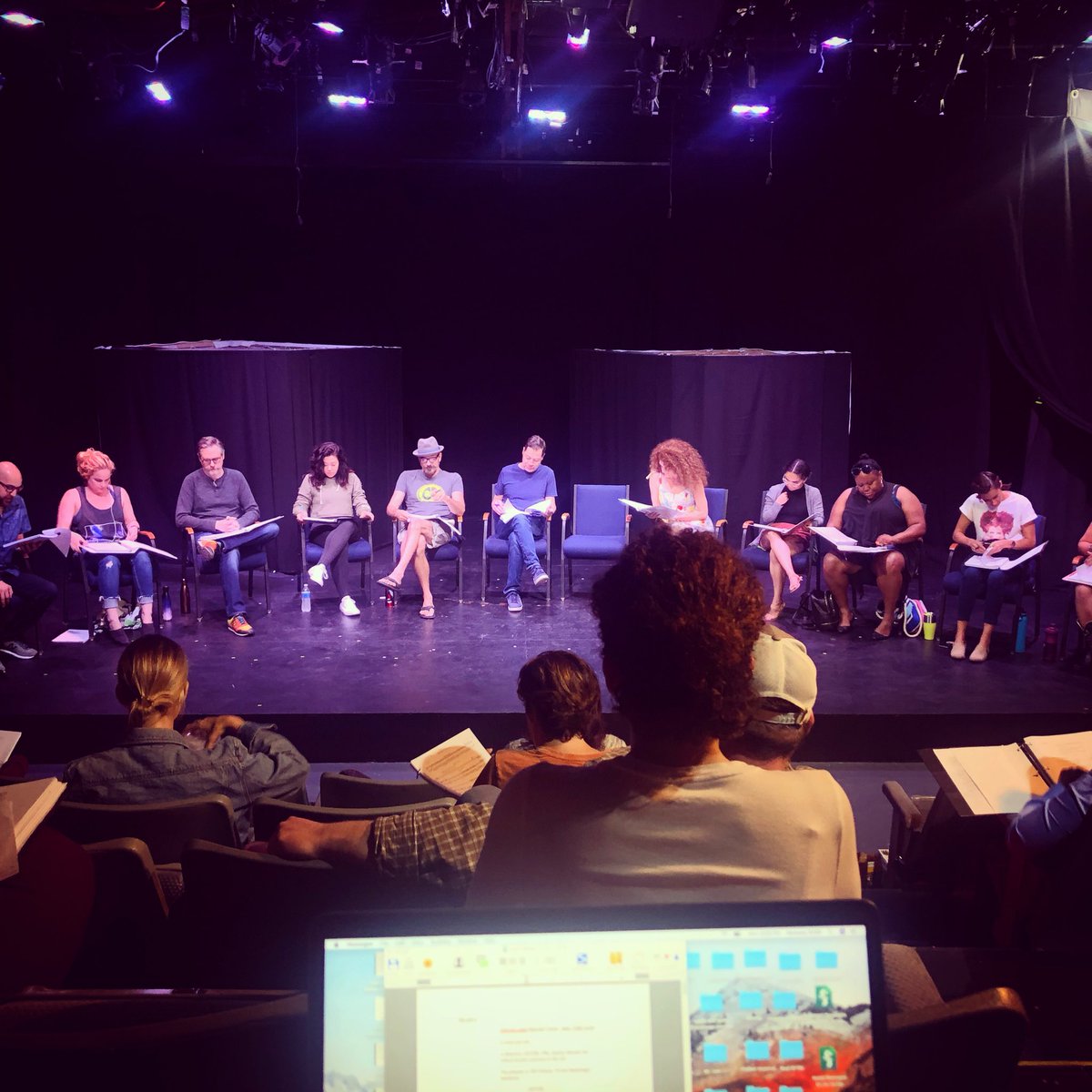 vcstewart's tweet photo. Omg omg. I have a new musical premiering in September and this is a photo of the very first read though of Deadly. I’m so excited! See you @SacredFoolsLA ! #deadlyLA #HHHolmes #inChicagoIlldisappear #sacredFools #Ilove99 @99SeatsLA @FrenchStewart @KeithAllanDuh https://t.co/n0eHgQb86f