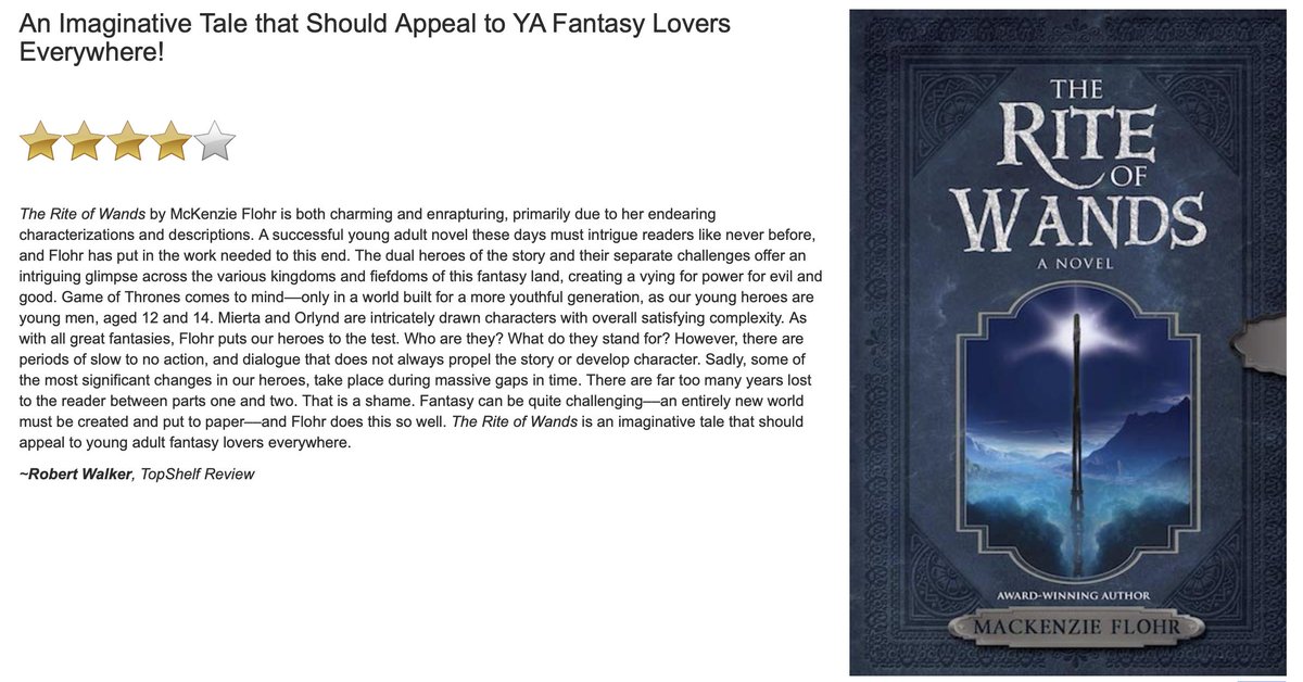 MackenzieFlohr's tweet photo. Thank you, @TopShelfPub, for your review! Comparing my world building to Game Of Thrones is definitely a huge compliment.
#reviews #awardwinning #theriteofwands #wandsready #WritingCommunity #fantasy #ya #topshelfmagazine https://t.co/d4JYLIRUA8