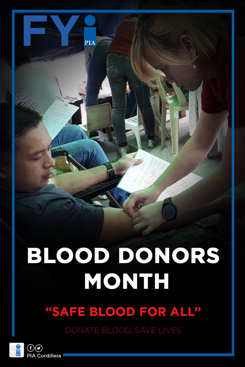PIA_Cordillera's tweet image. #BloodIsLife

July is Blood Donors Month under Proclamation No. 1021.

With this year's theme "Safe Blood For All,"  everyone is encouraged to participate in the simultaneous mass blood donation drive in your respected areas on July 31, 2019. 💉💉😊

#BloodDonorsMonth2019