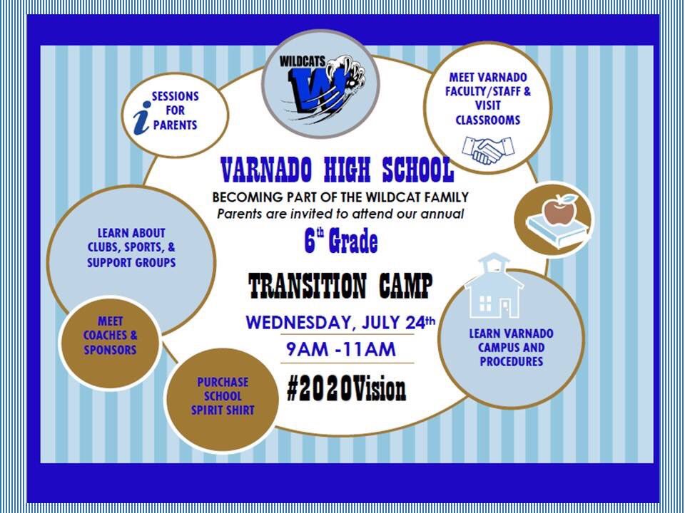 VarnadoHigh's tweet photo. DON'T FORGET TOMORROW, WEDNESDAY, JULY 24TH IS 6TH GRADE TRANSITION BOOT CAMP!  

#MeetTeachersandStaff #MeetCoaches #ConnectWithVarnado

#pleaseshare #2020Vision #OurVisionisClear https://t.co/r3I9JUNQ6U