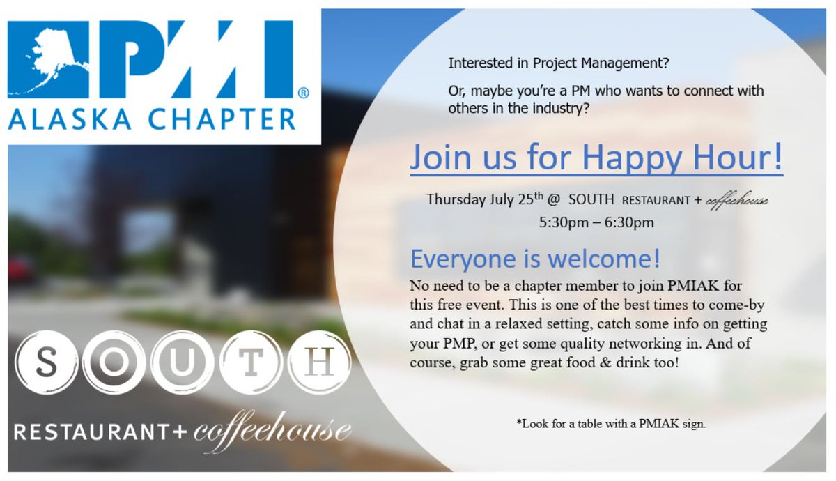 pmialaska's tweet photo. Join us for Happy Hour at SOUTH Restaurant + Coffeehouse Thursday July 25th 5:30pm. https://t.co/lr9HV0igs9
