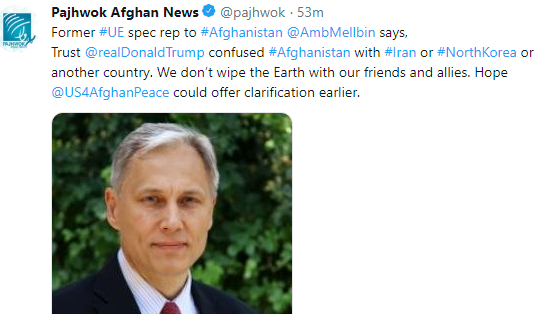bahlul65's tweet photo. د افغانستان لپاره د اروپايي ټولنې مخکني استازي ويلي، چې ټرمپ افغانستان ته د ايران او شمالي کوريا په سترګه ګتلي، په داسې حال کې چې موږ خپل ملګري د نړۍ له نقشې نه ورکوو. او خليلزاد بايد سپيناوی ورکړي. 
#Afghanistan 
#Taliban 
#Peace https://t.co/9oPnUqj0CC