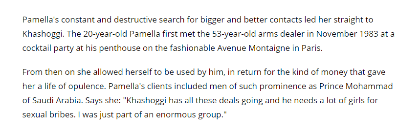 Bordes allowed herself to be used, in return for money. The clients included men of prominence such as Prince Mohammad of Saudi Arabia. "Khashoggi has all these deals going and he needs a lot of girls for sexual bribes. I was just part of an enormous group."  #OpDeathEaters